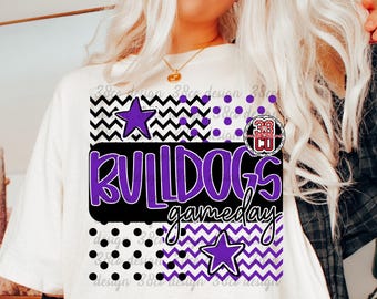 purple gameday png, chevron, team spirit png, bulldog png, retro mascot png, go team go png, school png, polka dot gameday png, retro
