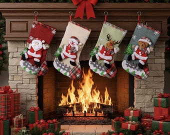 Santa Christmas Stocking, 3D Teddy Bear, Recycled Materials