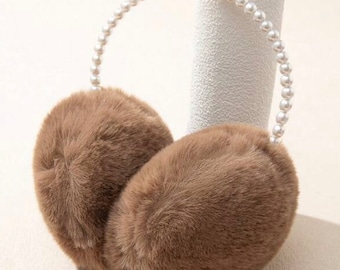 Fleece Furry Earmuffs with Pearl Headband, Foldable Winter Ear Warmers