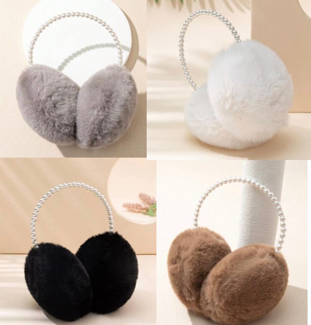 Fleece Furry Earmuffs With Pearl Headband, Foldable Winter  display picture 1