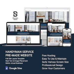 May include: A website mockup for a handyman service, showcasing a Google Sites template with a dark blue background and a header that reads "Your Trusted Home Repair Partner". The website features images of a living room, a ladder, and a person holding a spirit level.
