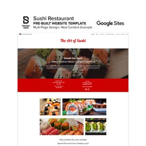 May include: A website template for a sushi restaurant, with a red and white colour scheme. The page includes the text "Sushi Restaurant" and "The Art of Sushi." Images of sushi rolls and other dishes are displayed.