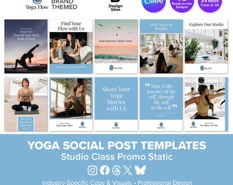 Yoga Social Post Templates: Health & Wellness 15 Static Designs (Canva)