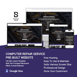 Puede incluir: Una plantilla de sitio web de servicio de reparación de computadoras creada con Google Sites. El sitio web presenta un fondo oscuro con una imagen de placa base y el texto "Bienvenido a Techy Fix" en blanco. El sitio web se muestra en una computadora portátil, una computadora de escritorio y un teléfono móvil.