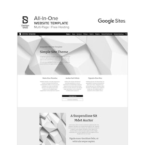 May include: A website template design with a modern, geometric theme. The design features a clean layout with sections for content and navigation. The text includes "All-In-One WEBSITE TEMPLATE" and "Google Sites."