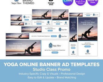Yoga Online Banner Ad Templates: Health & Wellness Promotion 10 Static Designs (Canva)