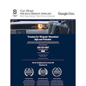 May include: A website design for car wraps, featuring a silver car and the text "Car Wrap" and "Premium Car Wraps for Unmatched Style and Protection." The design includes contact information and service details.