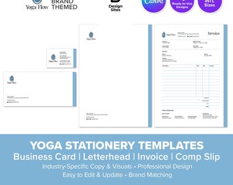 Yoga Business Stationery Template: Business Card Letterhead Invoice & Comp Slip (4 Design Canva)
