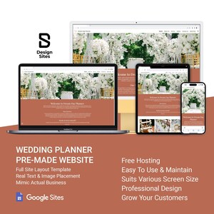 May include: A pre-made wedding planner website template built with Google Sites. The website features a full-site layout, real text and image placement, and mimics an actual business. The website is shown on a laptop, tablet, and smartphone.