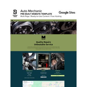 Pode incluir: Um modelo de site para um negócio de mecânica automotiva, mostrando um design moderno com um esquema de cores verde-oliva e verde-azulado escuro. O site apresenta seções para informações de serviço, detalhes de contato e um mapa. O texto inclui "Auto Mechanic" e "Quality Repairs".