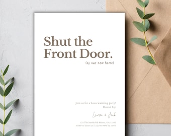 Housewarming Invitation Template Canva, New Home Party Invite, Editable Printable, Shut the Front Door Card