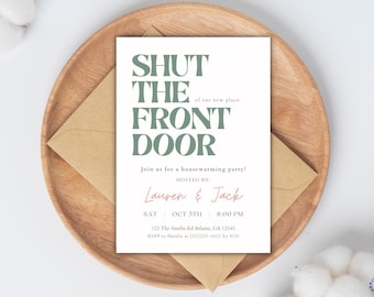 Housewarming Invitation Template Canva, New Home Party Invite, Editable Printable, Shut the Front Door Card