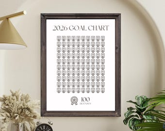 May include: A framed print with the text "2026 GOAL CHART" at the top. The chart features a grid of 100 small icons, with a badge and the text "100 Licenses" at the bottom. The frame is dark brown.