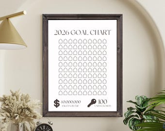 May include: A framed 2026 goal chart with a white background and black text. The chart features a grid of 100 house icons, a dollar sign icon with the text 40,000,000 SALES VOLUME, and a key icon with the text 100 UNITS CLOSED in black ink.
