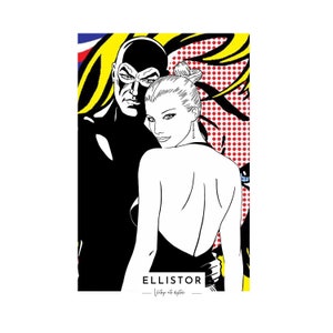 Può includere: Illustrazione pop art in bianco e nero di un uomo e una donna. L'uomo indossa una maschera nera e la donna indossa un vestito nero. Lo sfondo è un motivo rosso, giallo e blu.