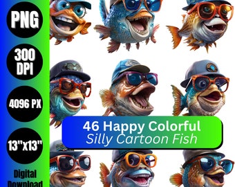 46 Fish Graphics Smiling Fish Cool Happy Colorful Cartoon Fish Clip Art Great for Sublimation or Print On Demand Commercial Use PNG 300 DPI