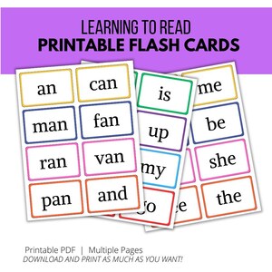May include: Printable flashcards with colorful borders featuring simple words like "an", "can", "is", "me", "man", "fan", "up", "be", "ran", "van", "my", "she", "pan", "and", "the", and "Joe".