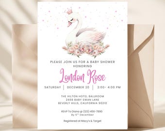 Puede incluir: Una tarjeta de invitación para baby shower blanca con un cisne en acuarela que lleva una corona rosa, rodeado de flores rosas y estrellas doradas. El texto incluye el nombre London Rose, detalles del evento, fecha, hora y ubicación.