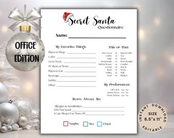 Editable Office Secret Santa Wish List Template, Printable Christmas Gift Exchange Questionnaire at Workplace, Instant Download PDF