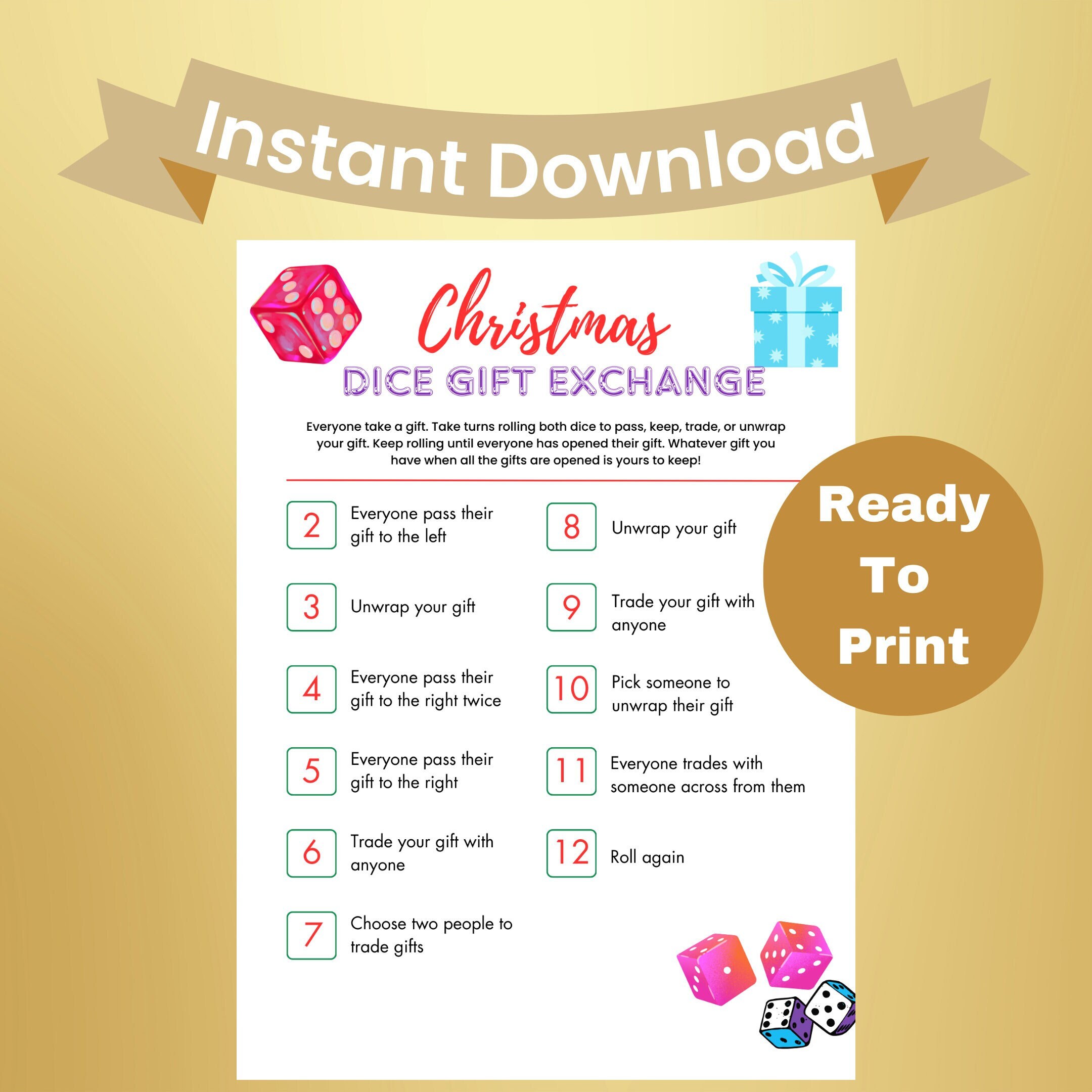 Christmas Dice Game Printable Dice Game Group Party Game Holiday Party ...