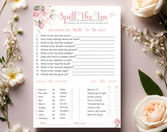 Spill The Tea Party Game, Who Knows the Bride Best, Spill The Tea Bridal Shower Game, Would She Rather Game