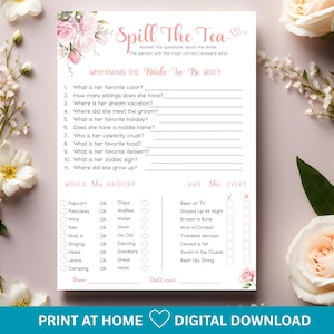 Spill The Tea Party Game, Who Knows the Bride Best, Spill The Tea Bridal Shower Game, Would She Rather Game