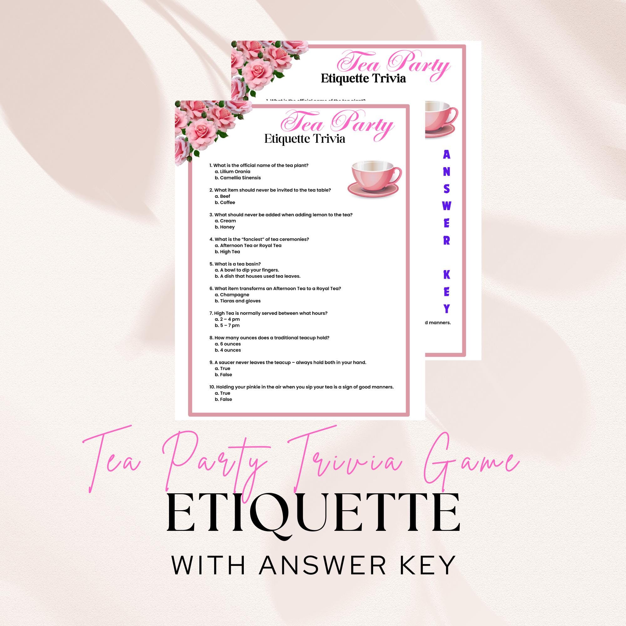 Tea Party Etiquette Game Printable Ladies Afternoon Tea Party Theme for ...