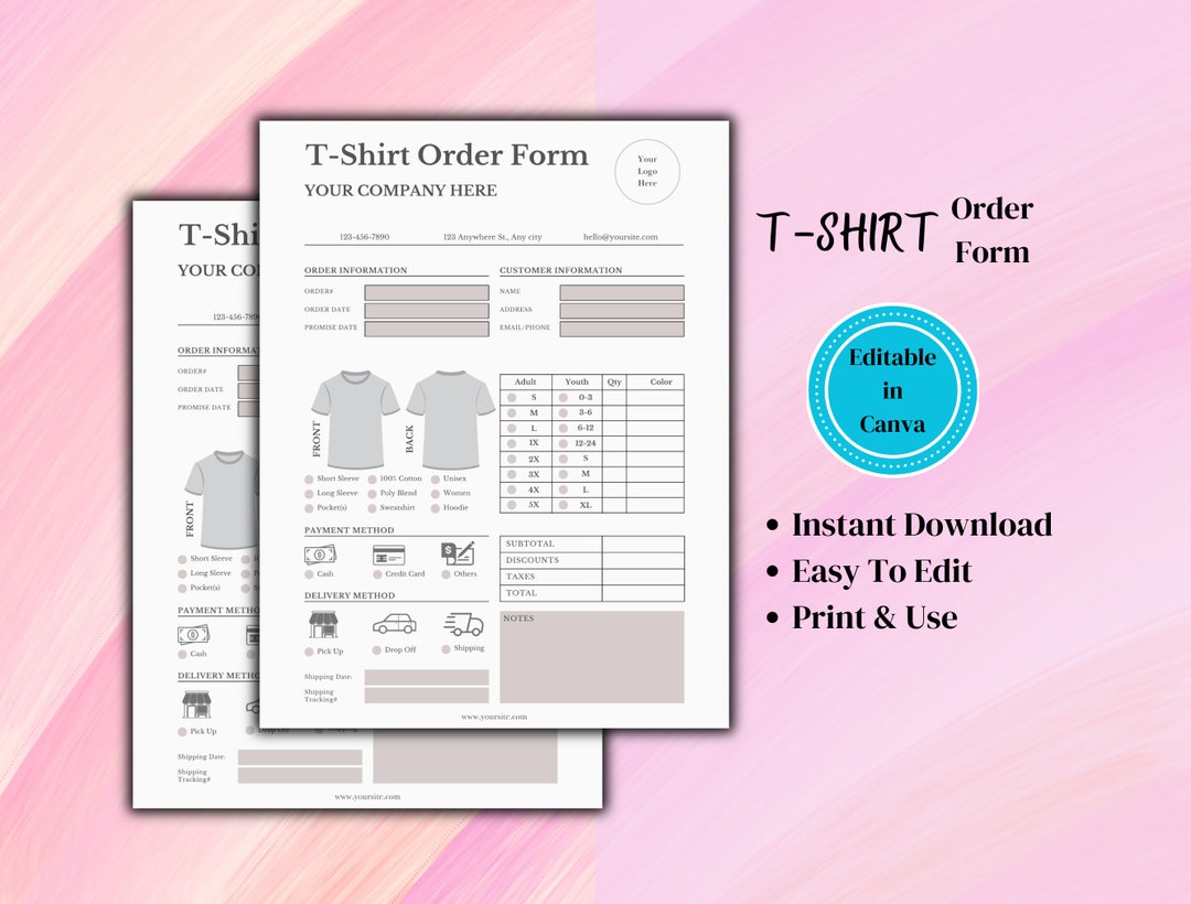 Custom Tshirt Order Form DIY Apparel Template Editable Order Form Etsy Custom Tshirt Order Form DIY Apparel Template Editable Order Form Etsy