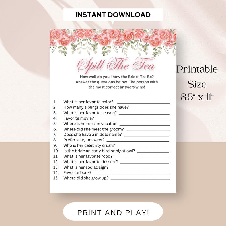 Spill the Tea Bridal Shower Game for Afternoon Tea Party - Etsy
