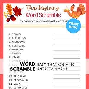 Word Scramble Game Thanksgiving Printable