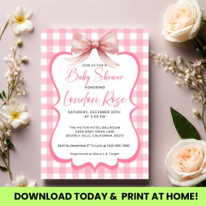 Pink Bow Baby Shower Invitation: Gingham Girl Invite, Editable Canva Template, Digital Download