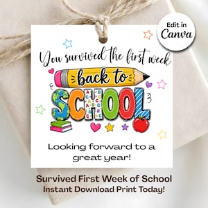 Puede incluir: Una etiqueta de regalo cuadrada blanca con cordel, que presenta el texto You survived the first week back to SCHOOL Looking forward to a great year! El diseño incluye un lápiz amarillo, una manzana roja, libros y estrellas y corazones coloridos.