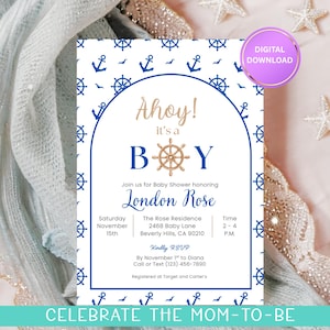 Ahoy Boy Baby Shower Editable Invitation, Nautical Baby Shower Invite Template, Ahoy It’s A Boy Shower Printable Invite