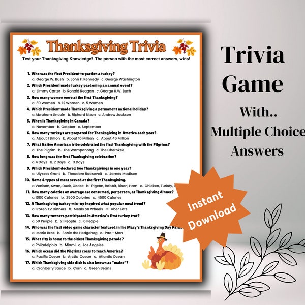 Thanksgiving Trivia Game | Thanksgiving Trivia Night | Thanksgiving Party Games | Printable Games | Thanksgiving Games | Thanksgiving Trivia