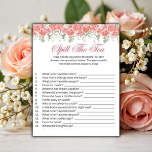 Jogo "Spll The Tea Who Knows the Bride Best" para imprimir, elegante jogo floral para chá de panela