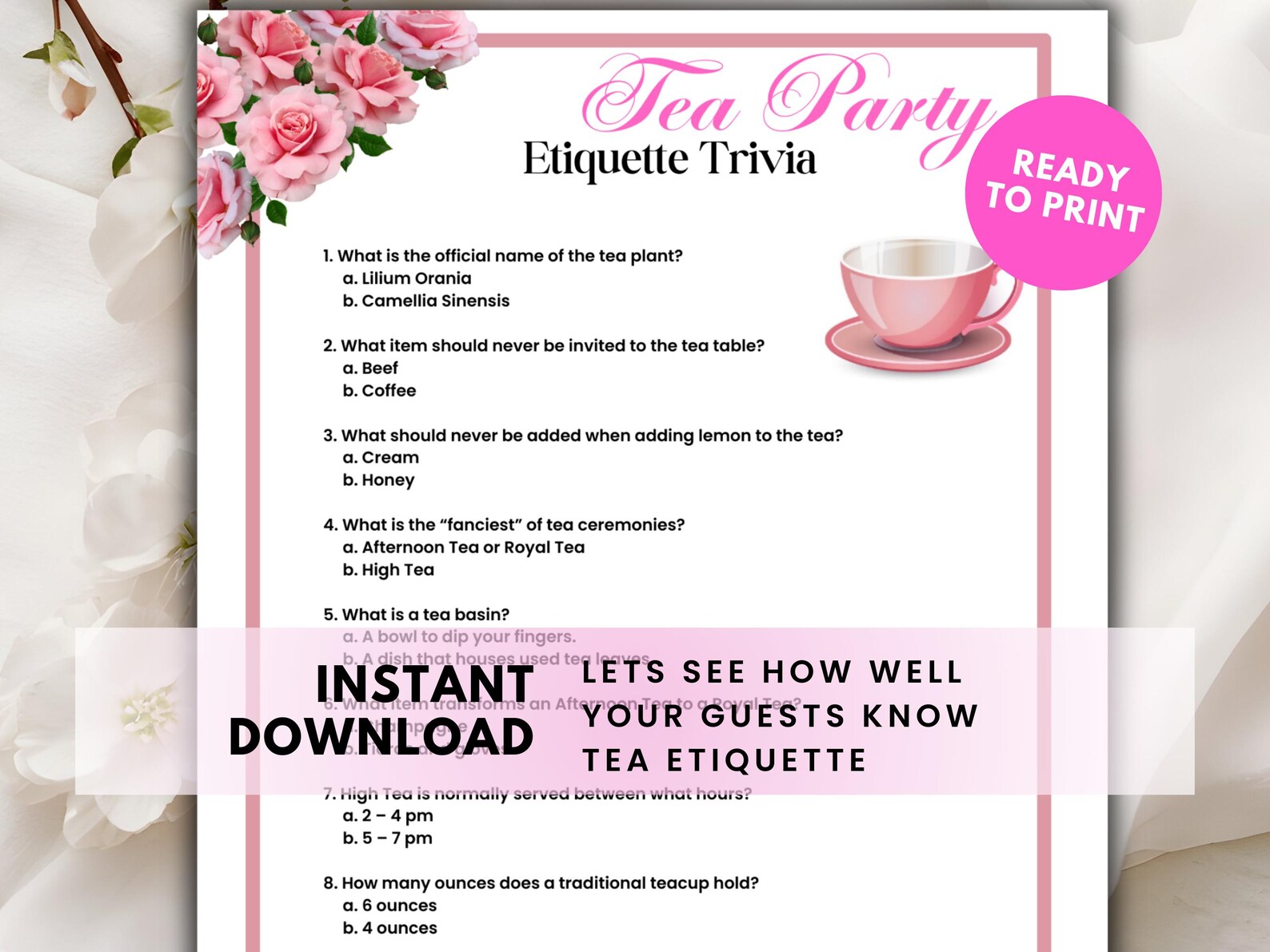 Tea Party Etiquette Game Printable Ladies Afternoon Garden High Tea ...