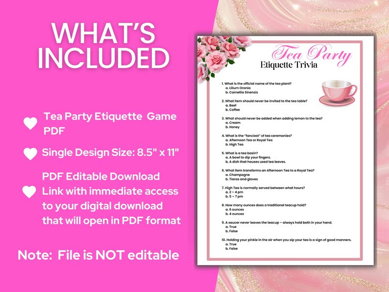 Tea Party Etiquette Game Printable Ladies Afternoon Garden High Tea ...