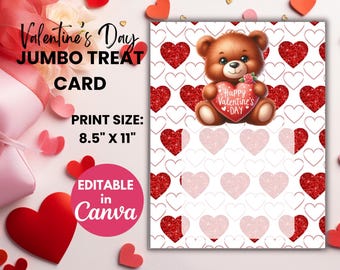 Valentine Jumbo Treat Card, Editable Vday Templates, DIY Valentine Treat Cards Girls & Boys Vday Cards, Candy Gram Bears, Instant Download