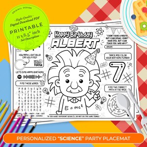 May include: A printable science-themed party placemat featuring a black and white illustration of Albert Einstein with a birthday hat. The placemat includes a word search, a maze, a number tracing activity, and the text "Happy Birthday Albert".