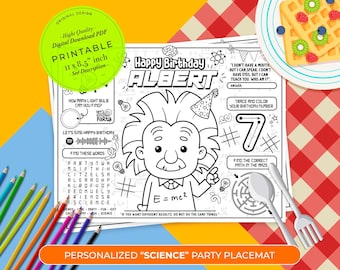 Science Party Favor | Science Birthday Theme Activity Sheet | Science Party Placemat | Kids Activity | Coloring Sheet | Einstein Placemat