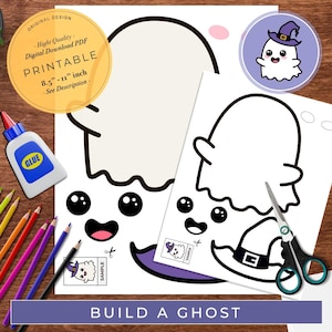 Puede incluir: Actividad de manualidades imprimible para que los niños construyan un fantasma. La imprimible incluye un contorno de fantasma, ojos, una boca, un sombrero y un sombrero de bruja. La imprimible mide 8,5 pulgadas por 11 pulgadas.