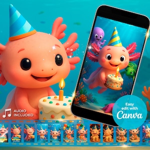 AXOLOTL Animated Birthday Invitation, First Axolotl Day Personalized Party Invitation, Axolotl First Birthday, Video Invitation, MP4 Canva