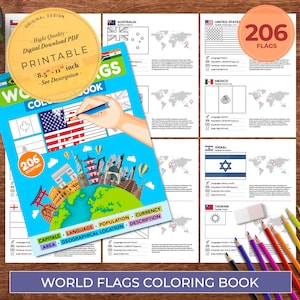 Puede incluir: Un libro para colorear de banderas del mundo con 206 banderas, con una portada con la bandera estadounidense e ilustraciones de monumentos. Incluye páginas imprimibles con banderas, información de países y una variedad de lápices de colores.