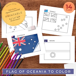 Puede incluir: Una página para colorear imprimible con 14 banderas de Oceanía. Las banderas están delineadas en blanco y negro, listas para ser coloreadas. Las banderas incluyen Australia, Tuvalu y Nauru.