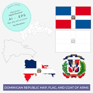 May include: An illustration featuring the Dominican Republic's map, flag, and coat of arms. The flag is shown in color and outline, along with a map outline and the coat of arms. Text includes "Original Design" and "Dominican Republic Map, Flag, and Coat of Arms."