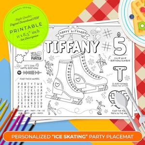 Puede incluir: Un mantel individual imprimible con temática de patinaje sobre hielo para el cumpleaños de un niño. El mantel individual presenta una ilustración en blanco y negro de patines sobre hielo, copos de nieve y una niña patinando sobre hielo. El mantel individual está personalizado con el nombre "Tiffany" y el número "5". Incluye una búsqueda de palabras, una actividad de trazado de letras y un laberinto.
