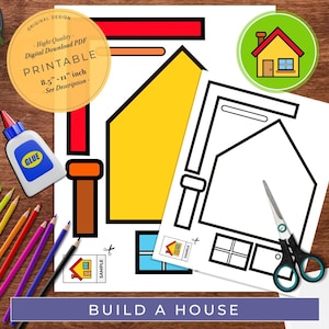 May include: Printable build a house craft template with a yellow house, red roof, and black outlines. The template includes a chimney, windows, and a door. The template is 8.5 inches by 11 inches.