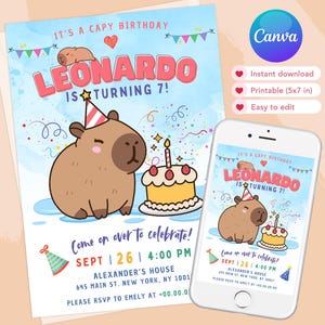 Convite de aniversário de capivara, modelo editável de aniversário de capivara, download digital para impressão, tema de aniversário, convite digital