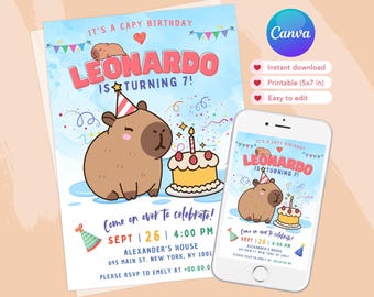 Capybara Birthday Invitation, Capy Birthday Editable Template, Printable Digital Download, Birthday Theme, Digital Invitation