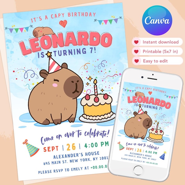 Capybara Birthday Invitation, Capy Birthday Editable Template, Printable Digital Download, Birthday Theme, Digital Invitation